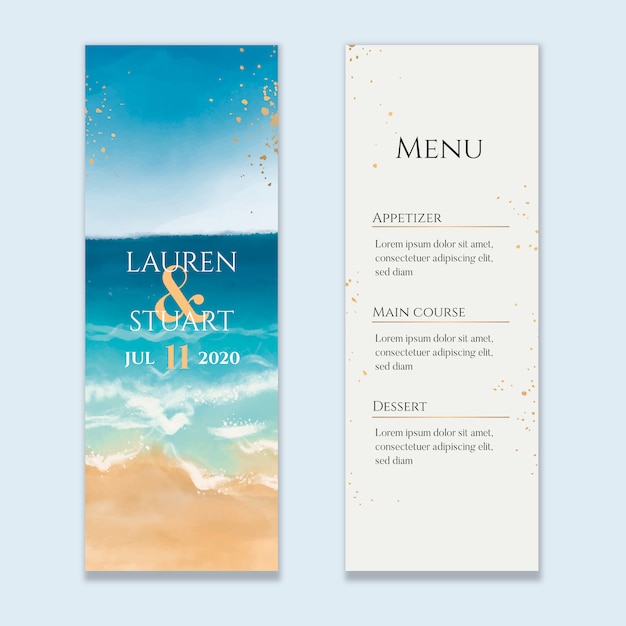 Vector watercolor beach wedding menu