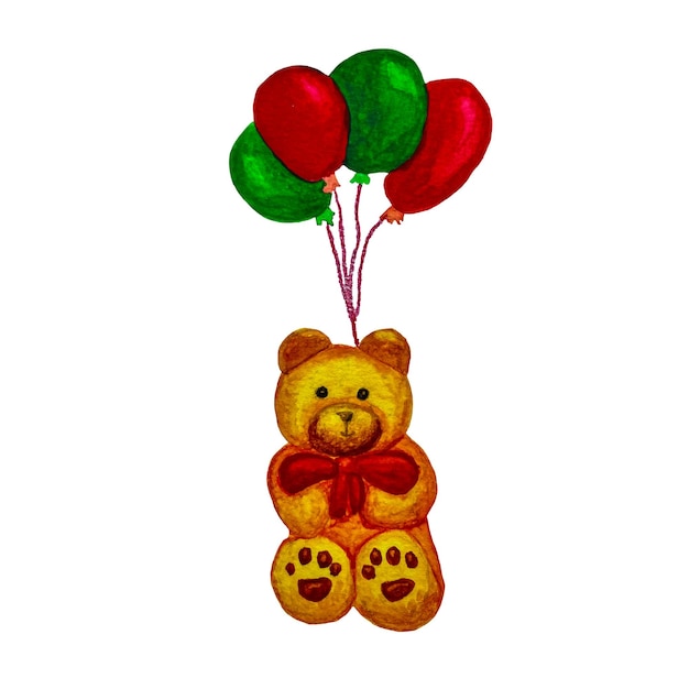 Акварельный медведь на воздушных шарах для детского душа, украшение открытки на день рождения, печать