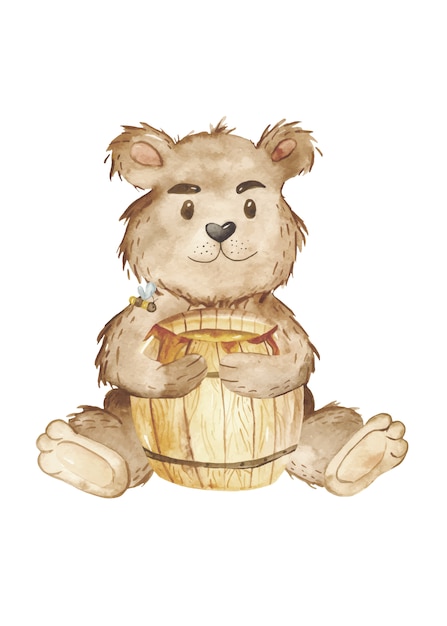 Watercolor bear and keg of honey clipart