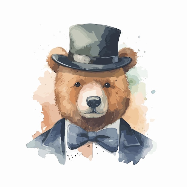 Vector watercolor bear wearing a hat animal fashion illustration concept isolated