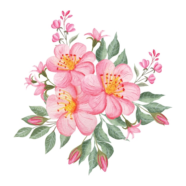 Vector watercolor beautiful floral bouquet with pink flowers and leaves