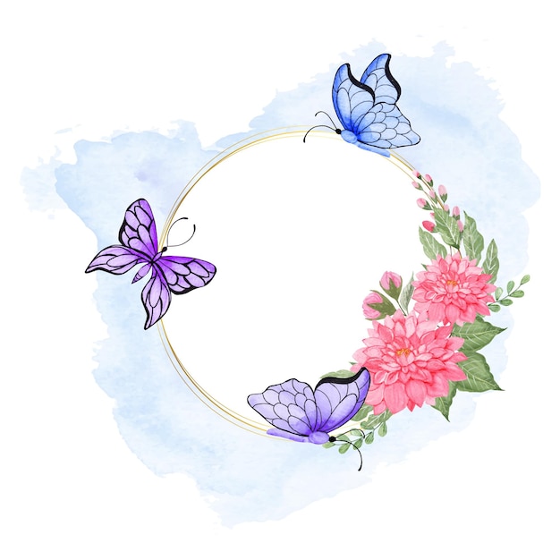 Watercolor beautiful lovely floral wreath decoration with butterflies and splash