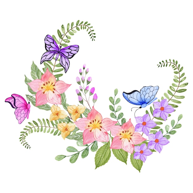 Watercolor beautiful lovely floral wreath decoration with colorful butterflies