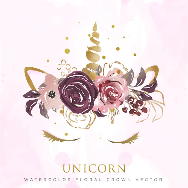 Vector watercolor beautiful unicorn with floral crown on head