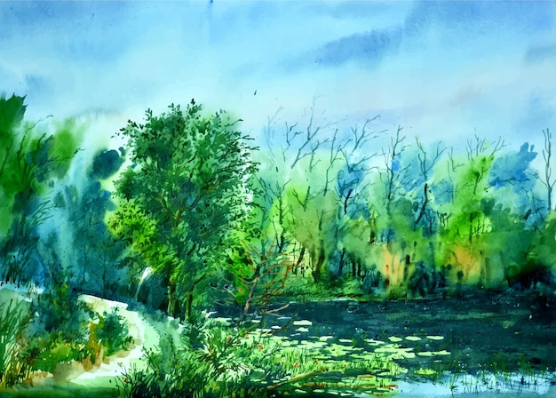 Вектор Акварель красивая деревня иллюстрация природа лес пейзажная живопись