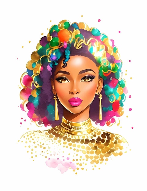 Vector watercolor beauty african woman painting fashion illustration hand drawn portrait of pretty girl on white background