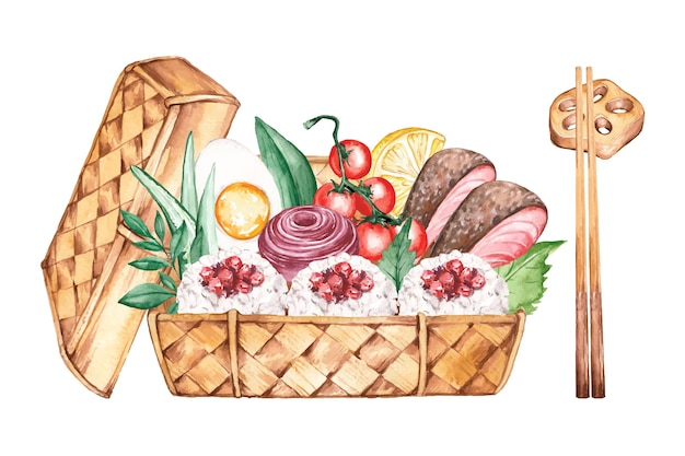 Watercolor bento box illustration