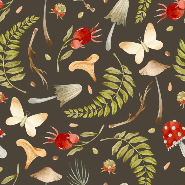 Vector watercolor berries, mushrooms, butterflies and fern seamless pattern on dark background