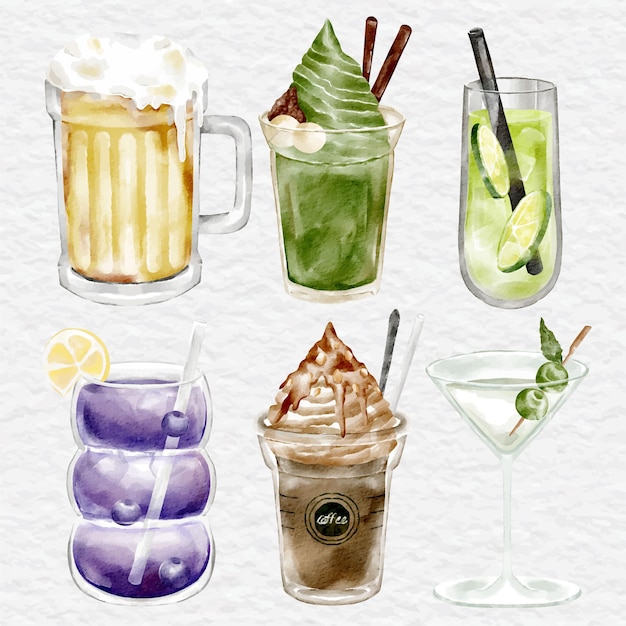 Watercolor beverage and drink collection set