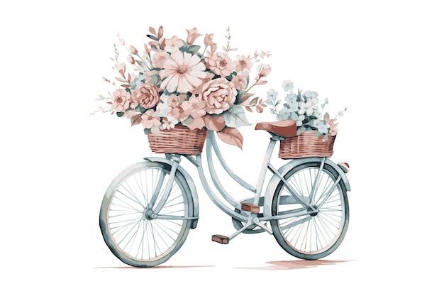 watercolor bicycle with flower basket vector illustration