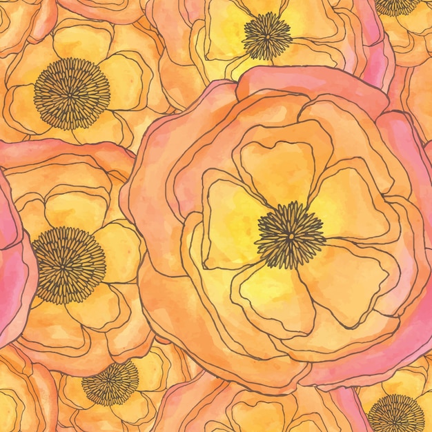 Vector watercolor big flower seamless pattern