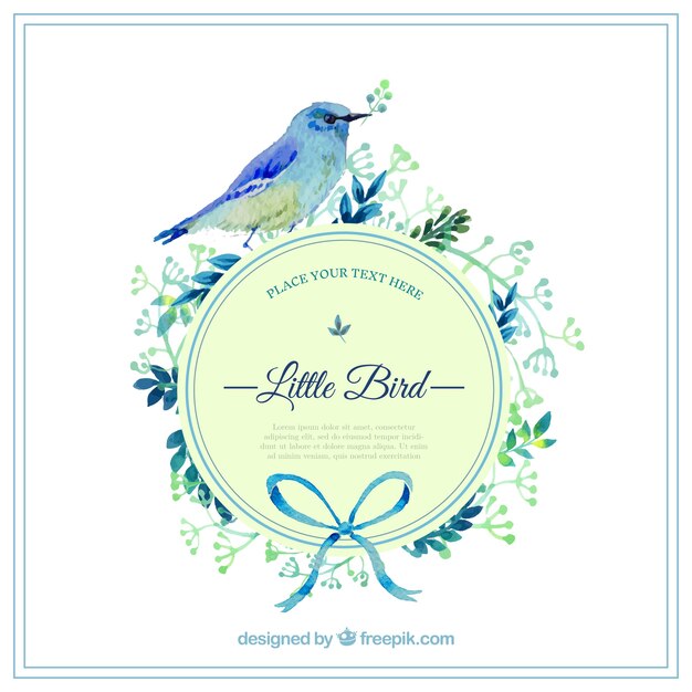 Vector watercolor bird label in blue tones