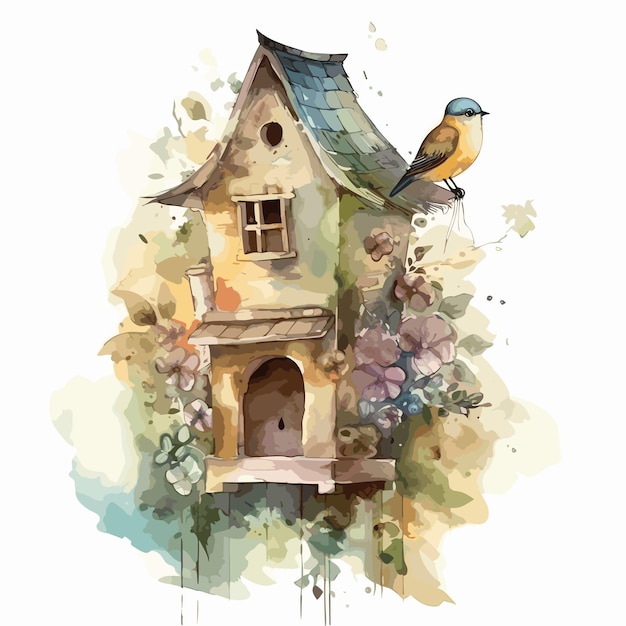 watercolor birdhouse vintage design