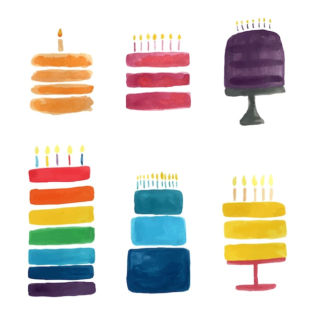 Vettore torta di compleanno dell'acquerello in stile cartone animato su priorità bassa bianca. illustrazione di vettore isolato bambini. carta di decorazione carina. cibo gustoso. collezione di inviti per la celebrazione delle vacanze.