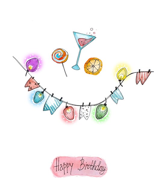 Watercolor birthday cliparts on a transparent background in vintage style. Flags and cocktails.