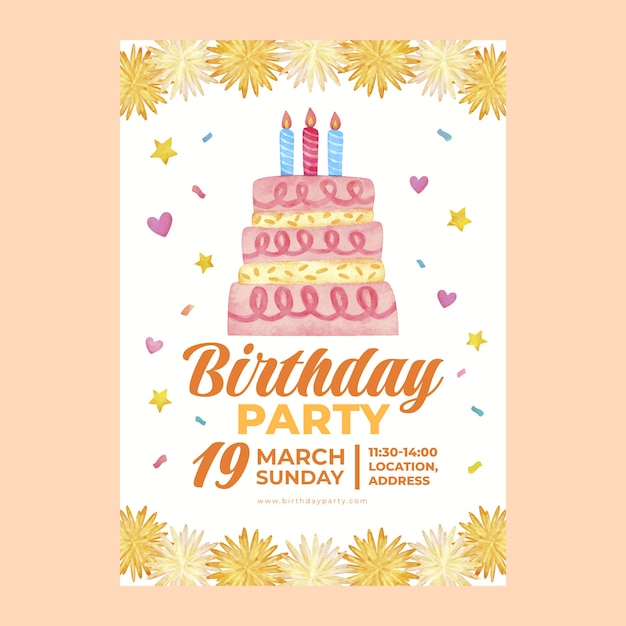 Vector watercolor birthday party flyer template