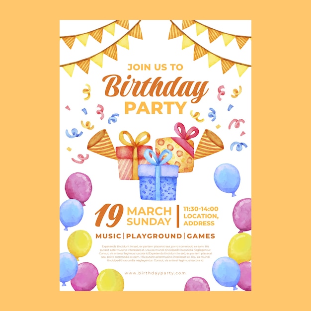 Vector watercolor birthday party flyer template