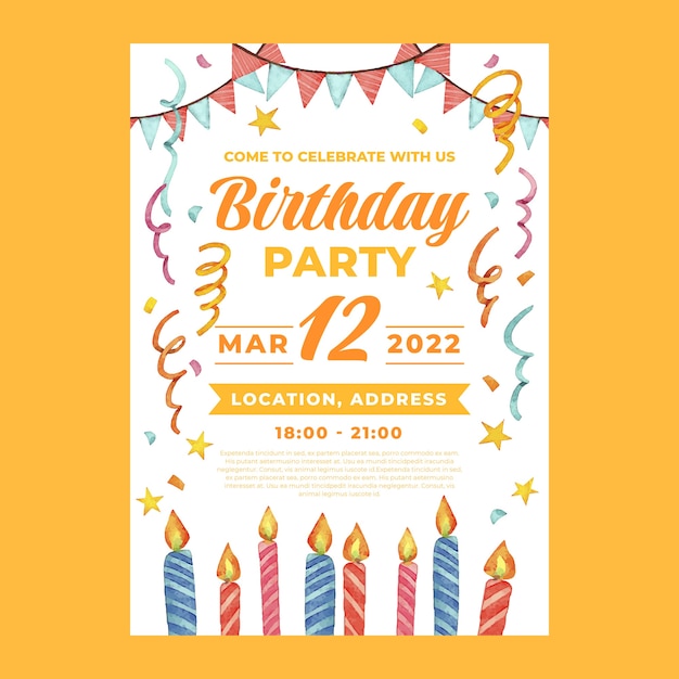 Vector watercolor birthday party flyer template