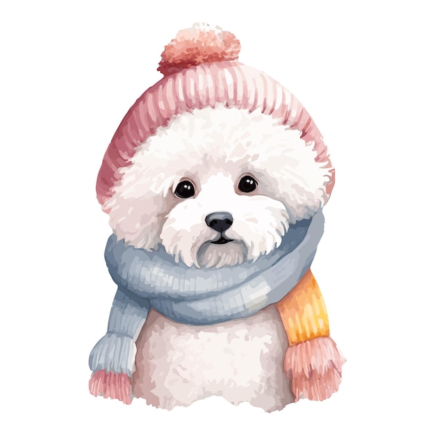 Vector watercolor bischon frise puppy with cotton hat and scarf