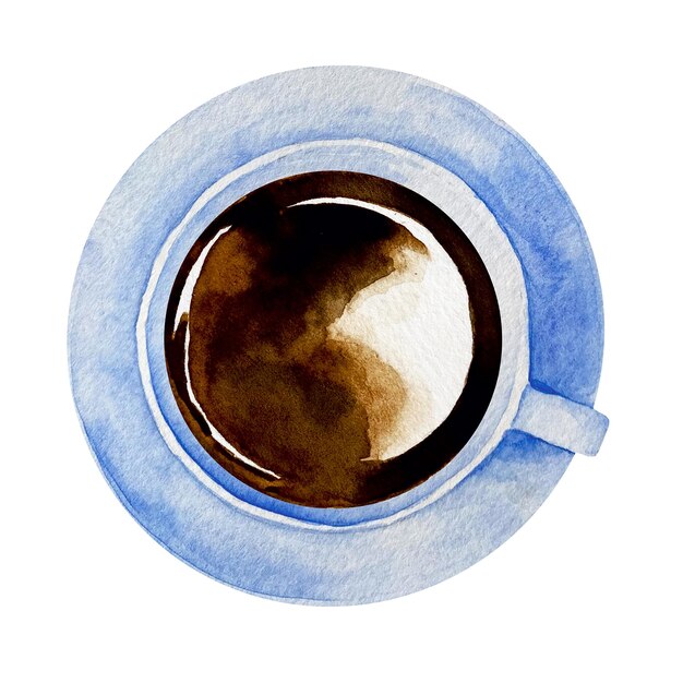 Watercolor black coffee in a blue cup in saucer top view