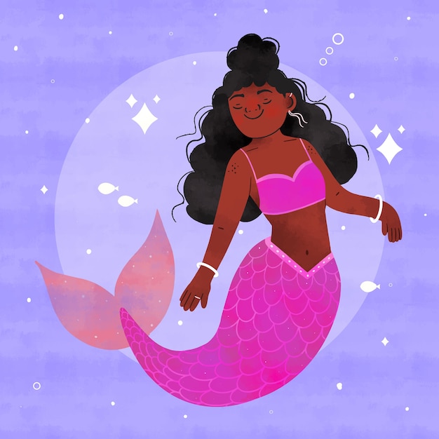 Vector watercolor  black mermaid illustration