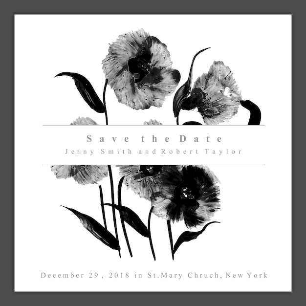 Vector watercolor black and white floral wedding invitation card