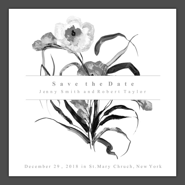 Watercolor black and white floral wedding invitation card