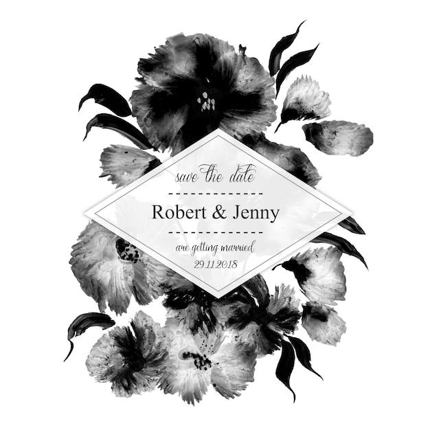 Акварель Черная и Белая цветочная свадебная пригласительная карточка