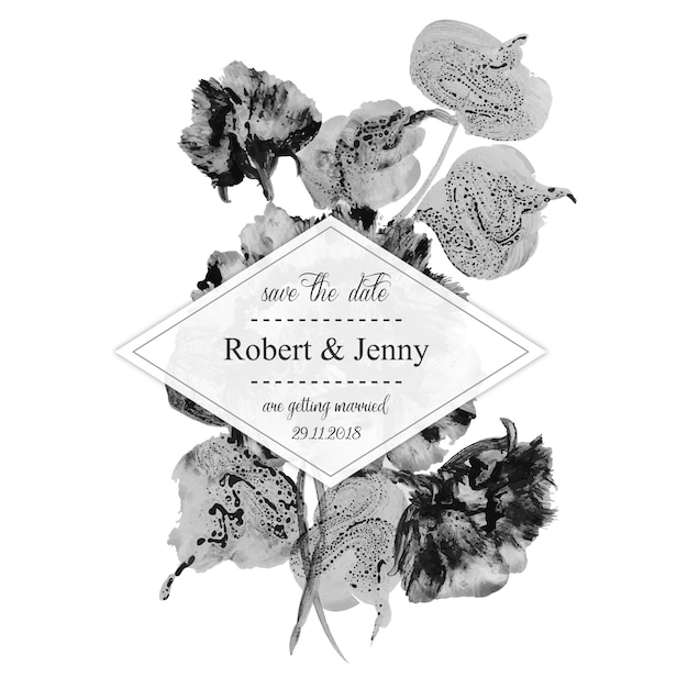 Watercolor Black and White Floral Wedding Invitation Card