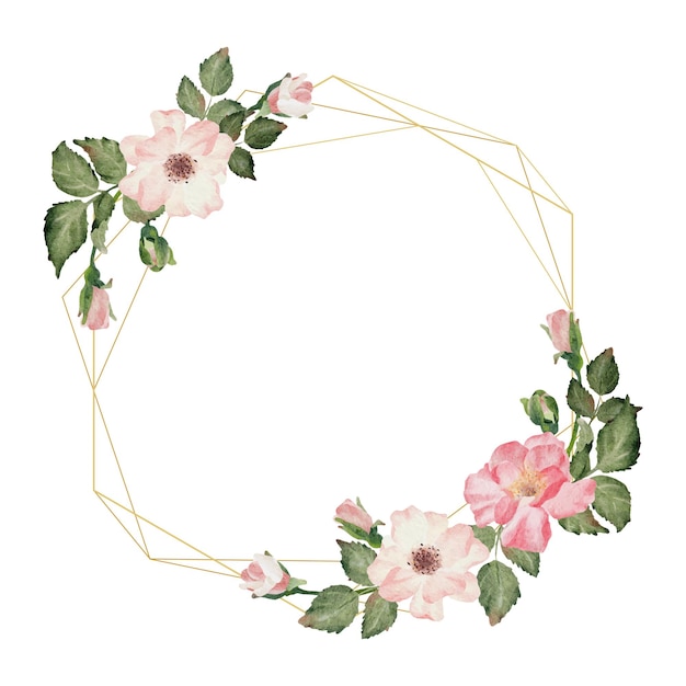 Watercolor blooming rose branch flower bouquet wreath geometry hexagon gold frame