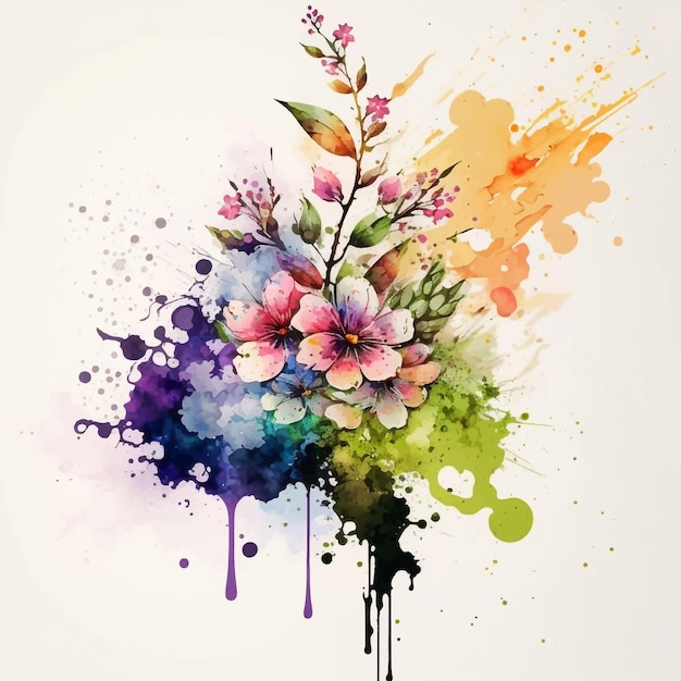 Vector watercolor blooming spring flowers with splash background. illustration for card design print poster