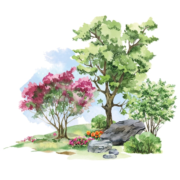 Watercolor blooming trees spring scene