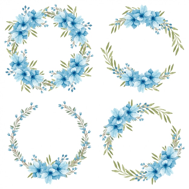 Watercolor blue anemone flower wreath