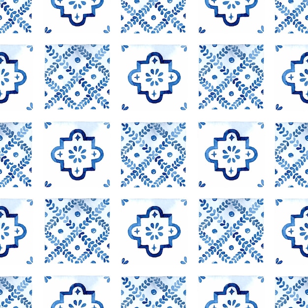 Watercolor blue azulejo tile seamless pattern