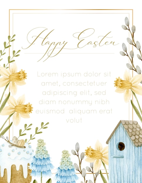 Watercolor blue birdhouse, Easter cake with eggs, hyacinth and narcissus. Golden frame template