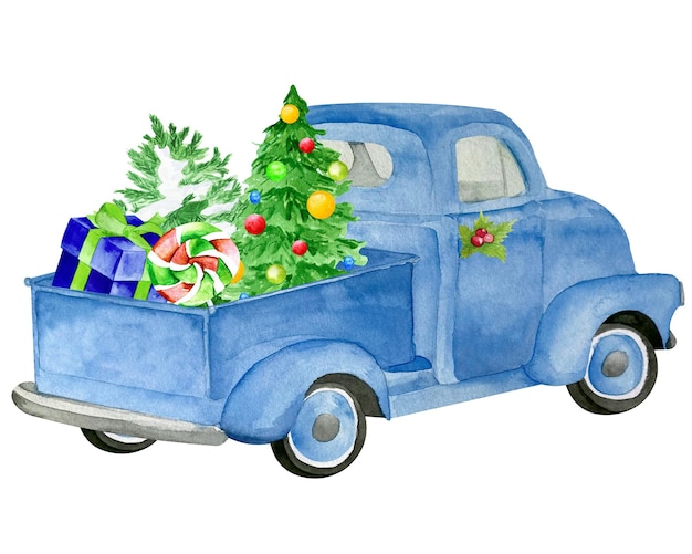 Watercolor blue christmas truck with pine tree and gift boxes