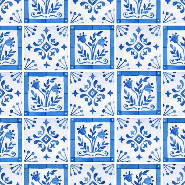 Vector watercolor blue floral azulejo tiles seamless pattern