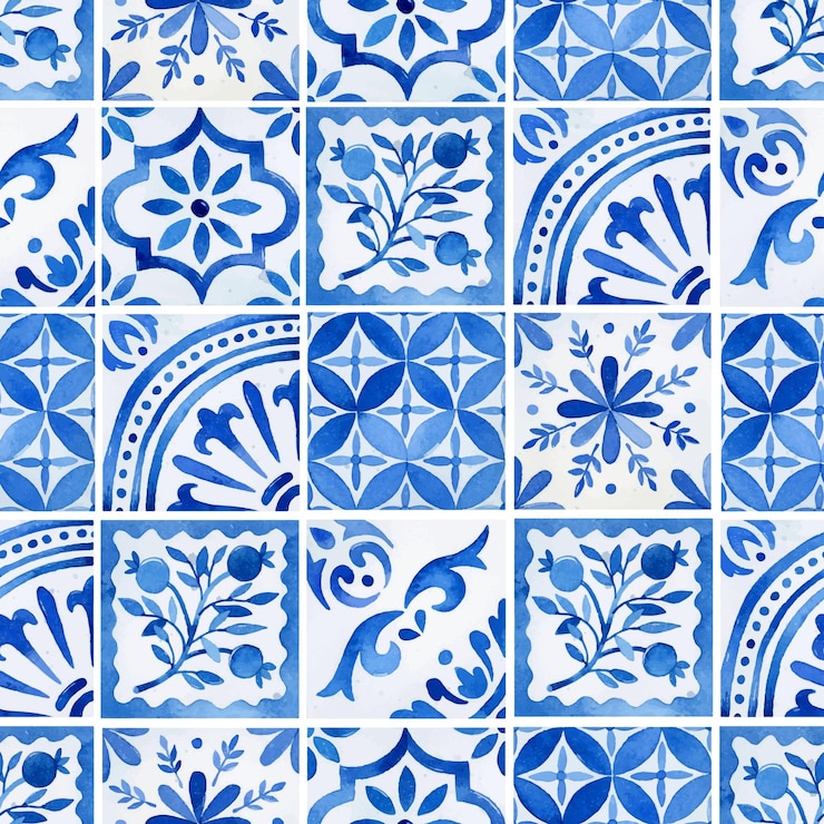 Vector watercolor blue floral azulejo tiles seamless pattern