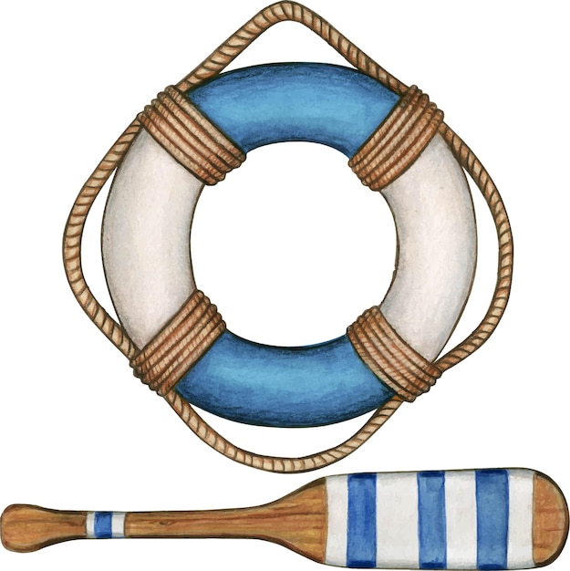 Vector watercolor blue life buoy and oar