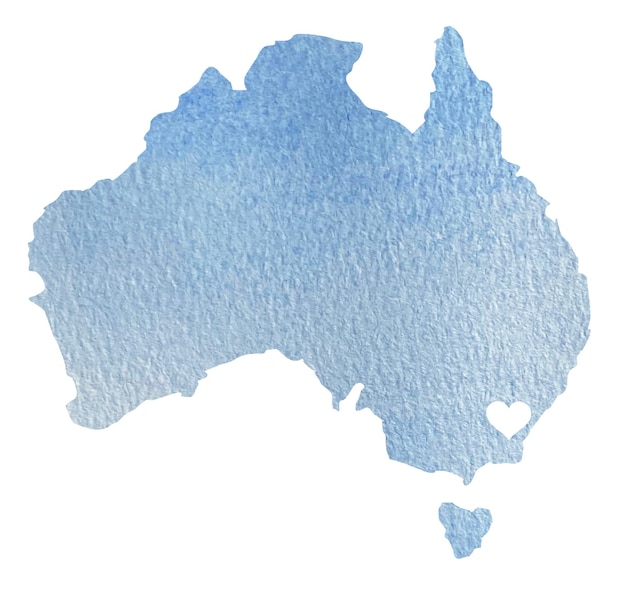 Watercolor blue map of Australia with indication of Sydneyisolated on white