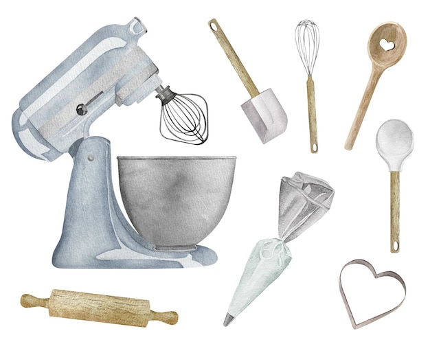 Watercolor blue mixer with pastry chefs hat and kitchen utensils