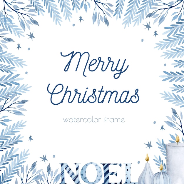 Watercolor blue pine branch Christmas frame background