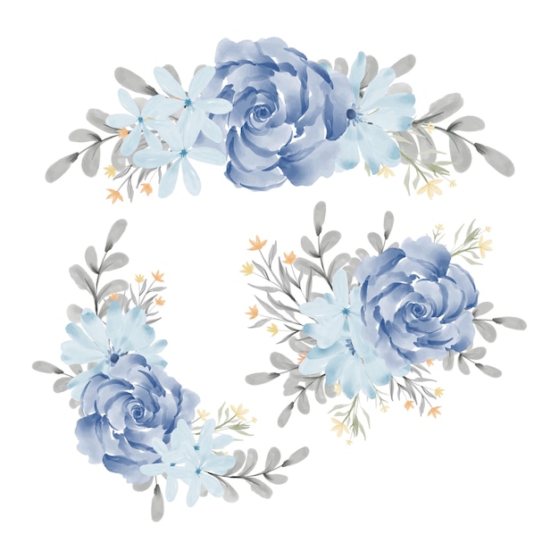 Vector watercolor blue rose floral arrangement collection