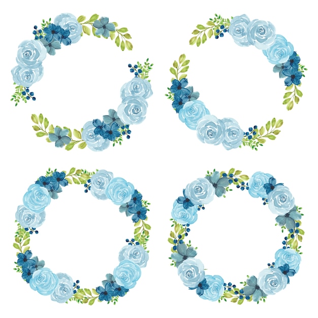 Watercolor blue rose floral wreath set