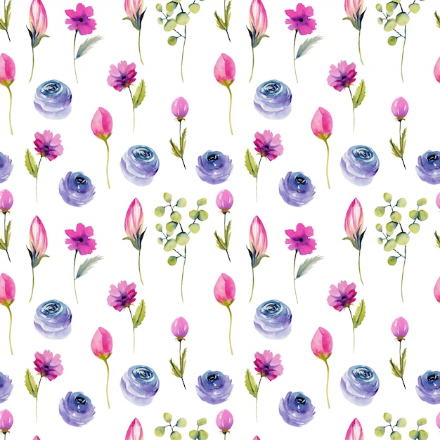 水彩の青いバラとピンクの野生の花のシームレスパターン