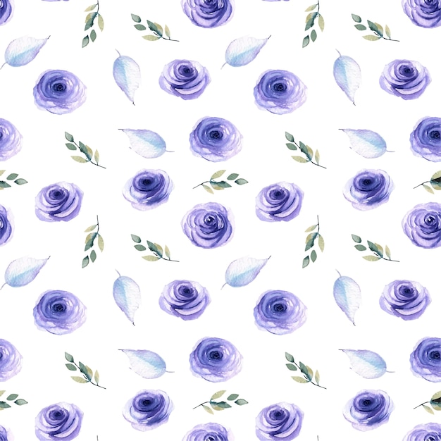 Watercolor blue roses, leaves and branches seamless pattern