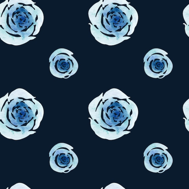 Watercolor blue roses seamless pattern isolated on a navy blue background