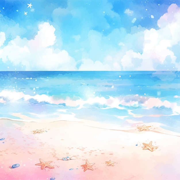 ベクトル 水彩の青い海とビーチと夏の背景に輝く光