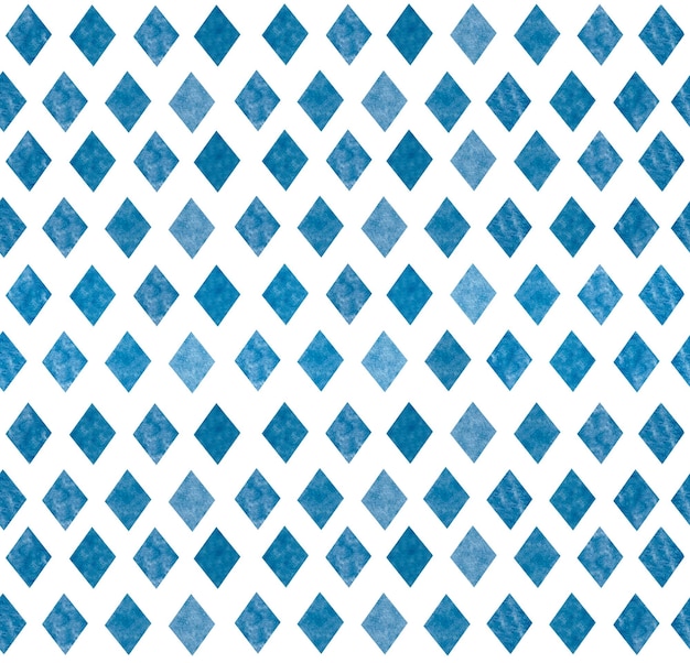 Watercolor blue seamless geometric pattern with rhombs on white background