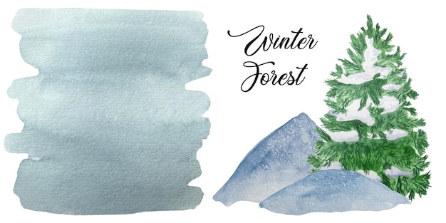 Acquerello blu neve montagna e foresta albero isolato su bianco natura ecologia eco illustrazione